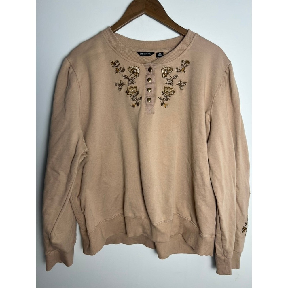 Driftwood Wm 2X Tan Cotton Embroidered Sweatshirt Floral Pullover Boho Indie Y2K